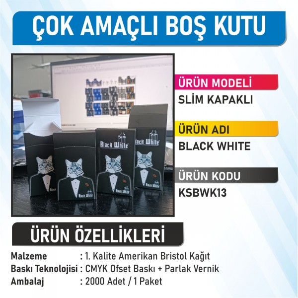 Slim Kapaklı Black White Çok Amaçlı Boş Kutu - 2000 Adet