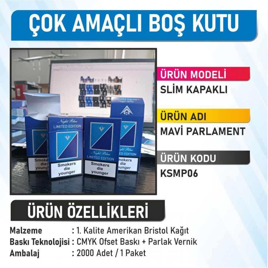Slim Kapaklı Mavi Parlament Çok Amaçlı Boş Kutu - 2000 Adet